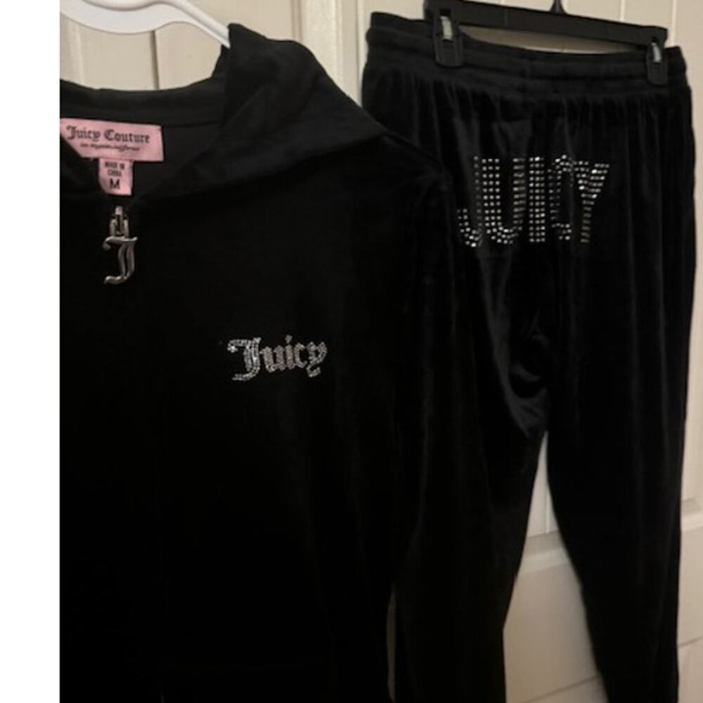 Vintage Y2K Juicy Couture Velour Tracksuit Jacket Jogger Set Black M